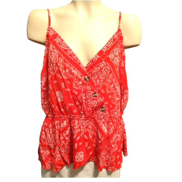 Justify Tops - JUSTIFY Bandana V Neck Cami Tank Faux Wrap Button Front Top Red Paisley Size‎ 1X